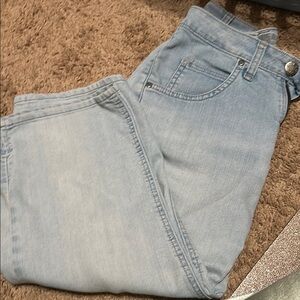 Light Blue Straight Leg Jeans with Faded Wash and Contrast Stitching